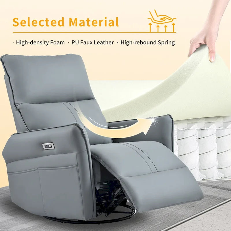 Power 270 Swivel Rocker Recliner Chair with USB Ports, Electric PU Small Recliners for Small Spaces