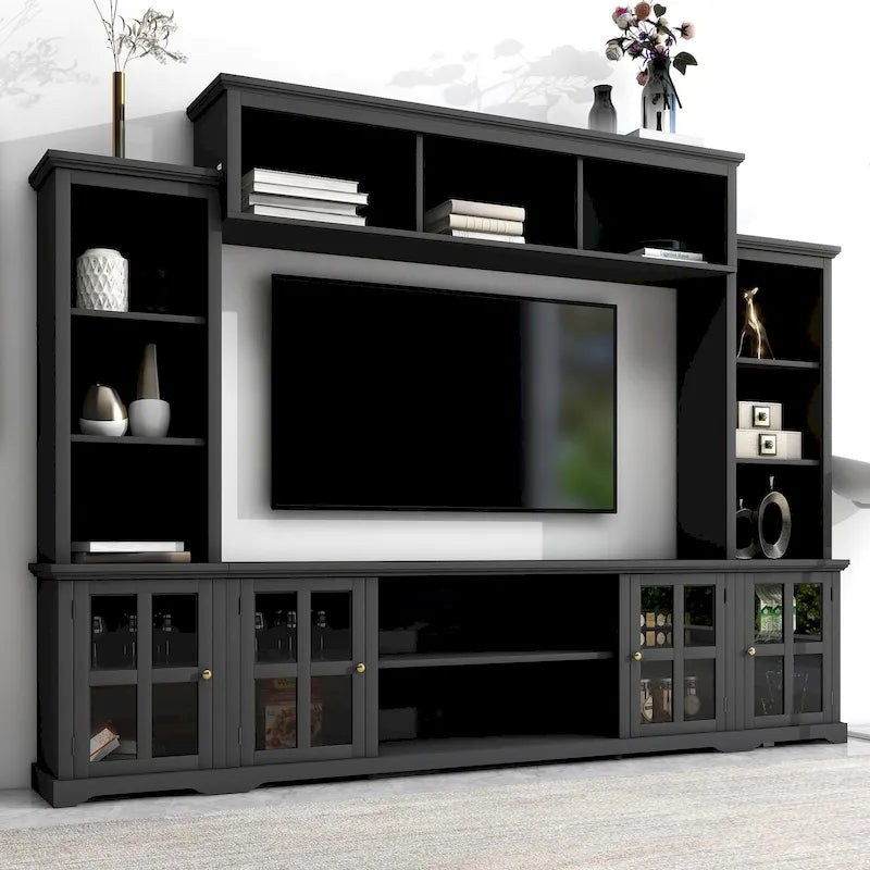 Black Entertainment Wall Unit with Bridge and Glass Door TV Console for TVs Up to 70