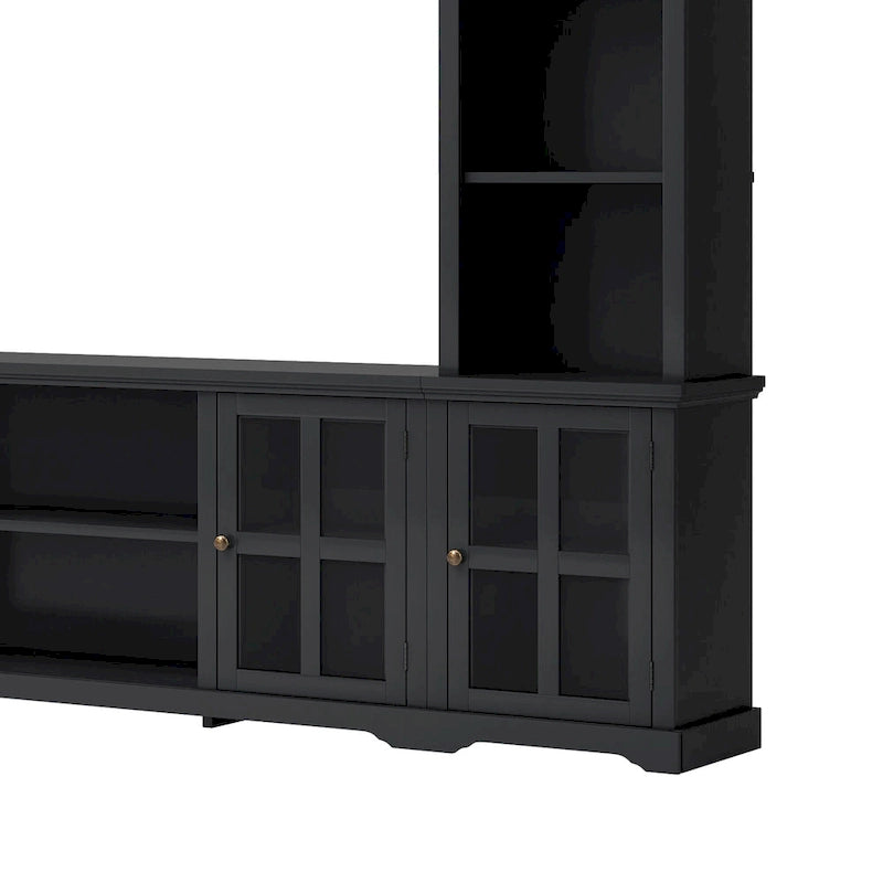 Black Entertainment Wall Unit with Bridge and Glass Door TV Console for TVs Up to 70
