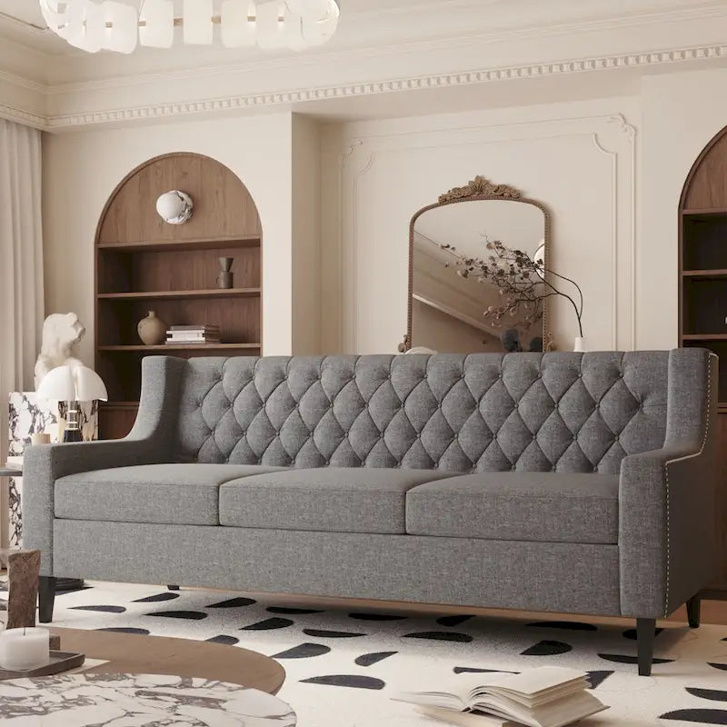 Grey 78.75 Polyester 3-Seater Sofa with Tufted Back and Cushions