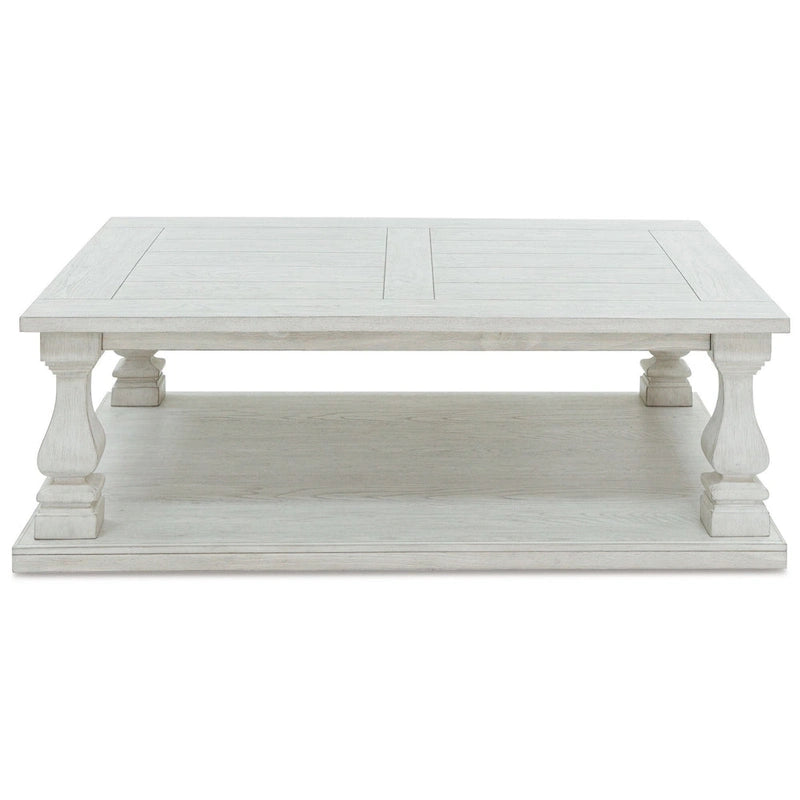 Dyne Cocktail Coffee Table, Plank Top, Balusters, 54 Inch White Wood