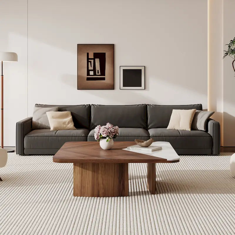 Modern 35.43 Square Coffee Table, Solid Wood Veneer with White Sintered Stone Table Top