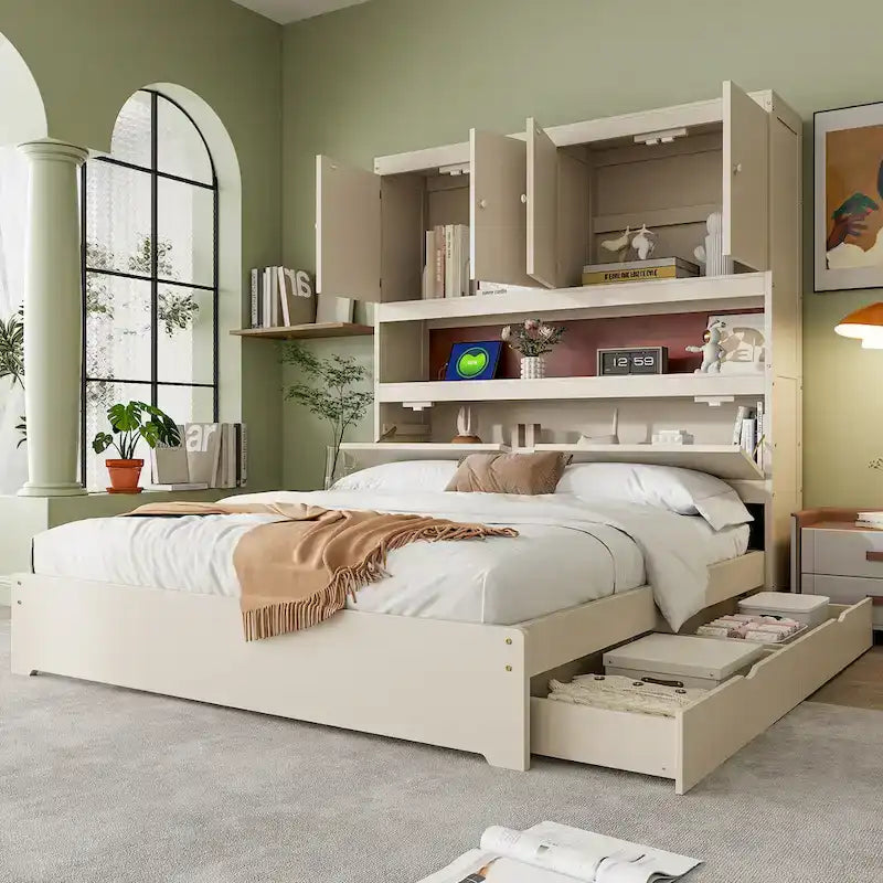 Wooden Platform Storage Bed Full Size Bed Frame with Storage Headboard