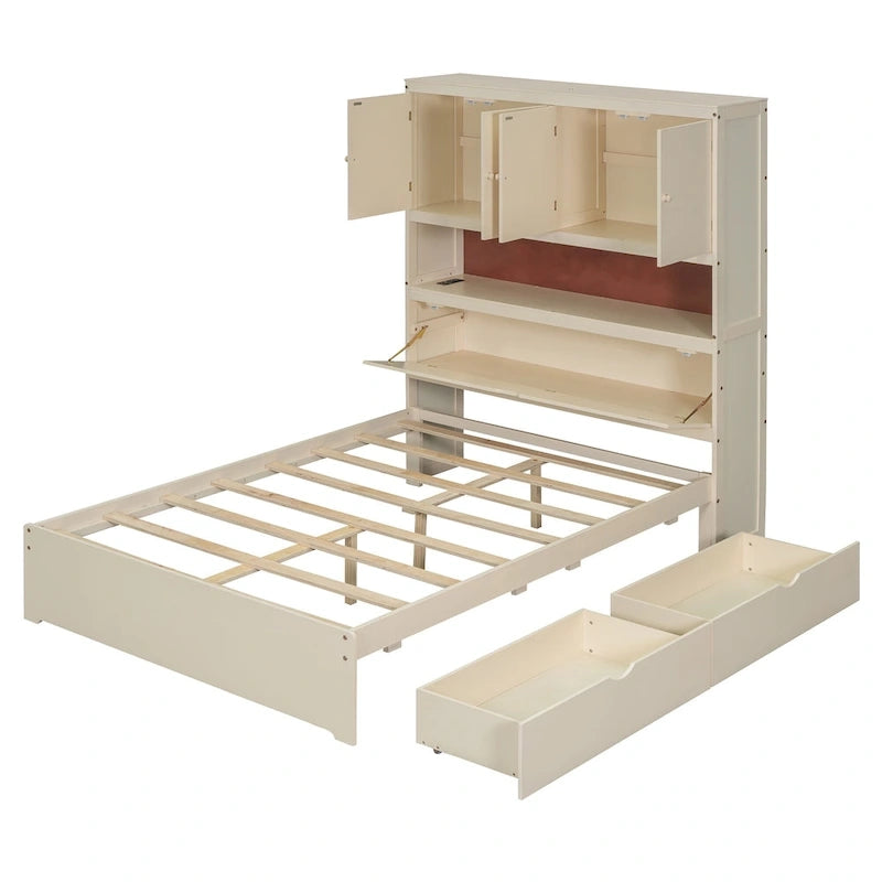 Wooden Platform Storage Bed Full Size Bed Frame with Storage Headboard