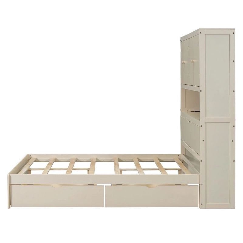 Wooden Platform Storage Bed Full Size Bed Frame with Storage Headboard