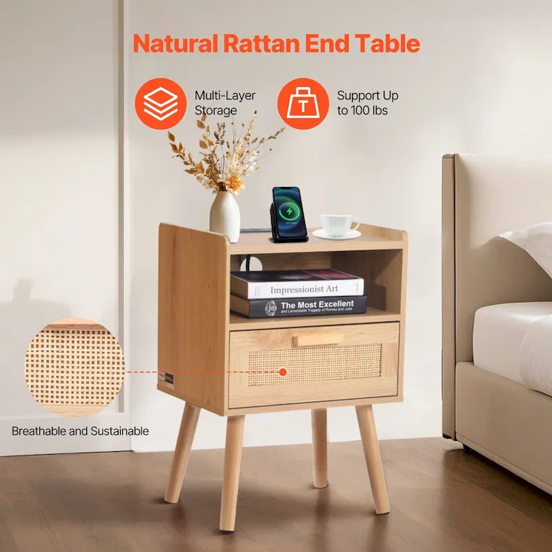 Natural Wooden Nightstand End Table with 1 Drawer and Open Shelf Suitable for Living Room or Bedroom