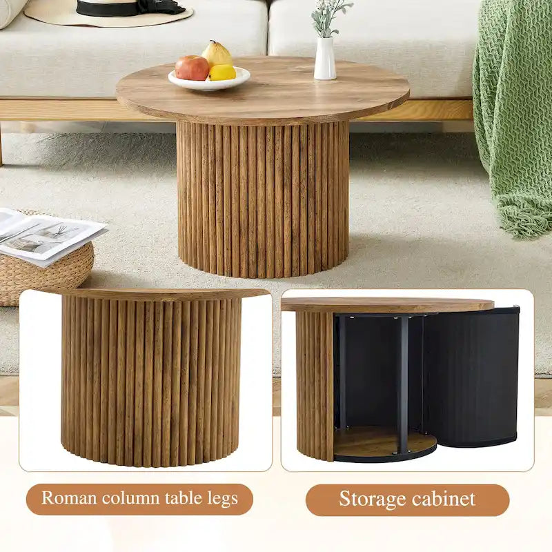 Modern Round Coffee Table with Cylindrical Legs Wooden Center Table with Concealed Storage Space Living Room Tea Table