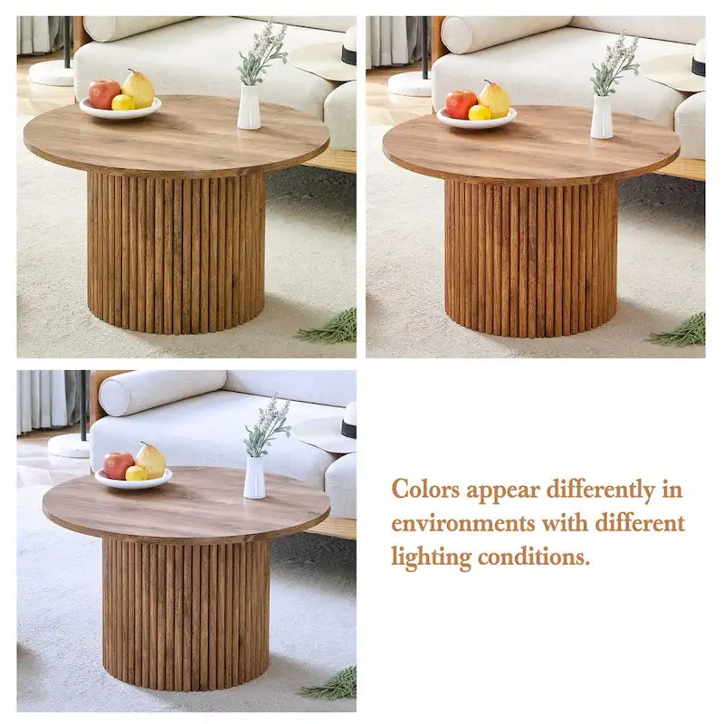 Modern Round Coffee Table with Cylindrical Legs Wooden Center Table with Concealed Storage Space Living Room Tea Table