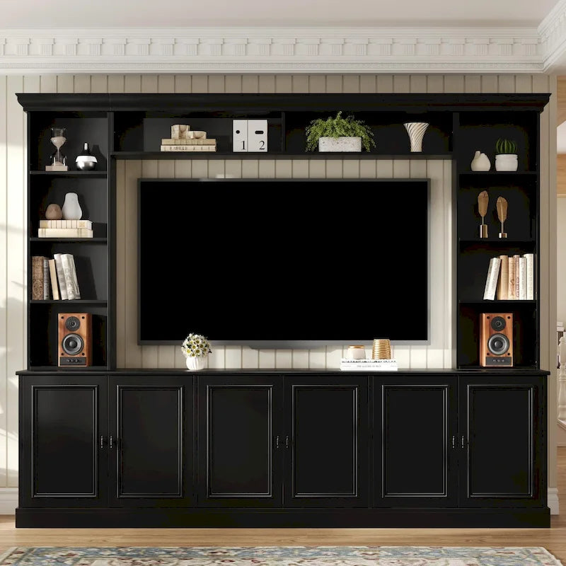 97.4W Mid-Century TV Stand with Bookshelves, Adjustable Shelf & Bridge - Entertainment Center for TVs Up to 70