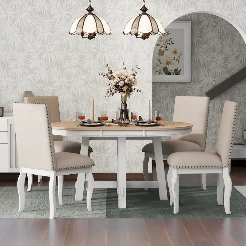 5-Piece Farmhouse Dining Table Set Wood Round Extendable Dining Table and Chair Sets with Nailheads Chairs for Dining Room