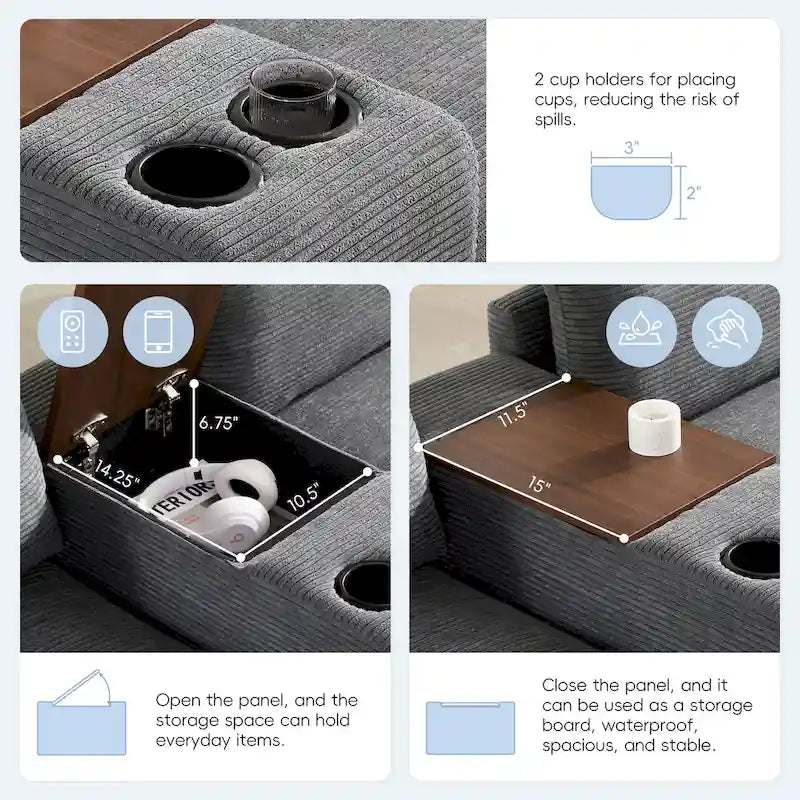 140 Corduroy U-Shaped Modular Sectional Sofa with Storage Ottoman & Console,and USB Charger, Cup Holders & 30 Wide Seats