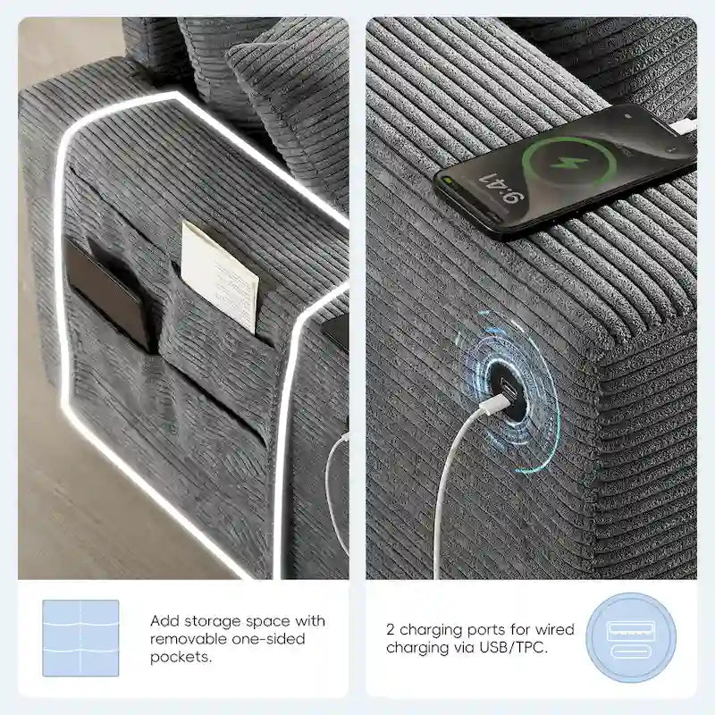 140 Corduroy U-Shaped Modular Sectional Sofa with Storage Ottoman & Console,and USB Charger, Cup Holders & 30 Wide Seats