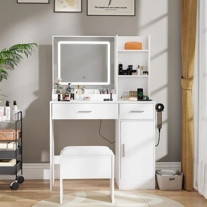 Roundhill Furniture Lavin Makeup Vanity Set, LED Light Mirror and Charging Station