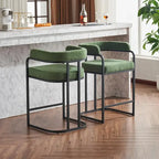 Fabric Upholstered Bar Stools Set of 2, Counter Height Bar Stools with Barrel Back, Dining Chair with Metal Frame and Arms