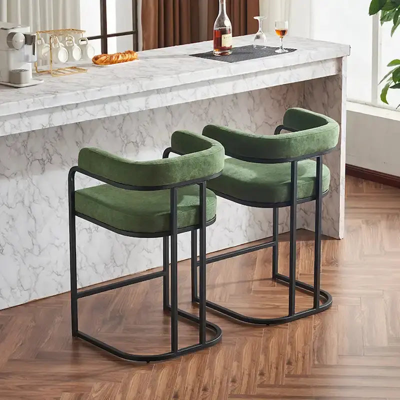 Fabric Upholstered Bar Stools Set of 2, Counter Height Bar Stools with Barrel Back, Dining Chair with Metal Frame and Arms