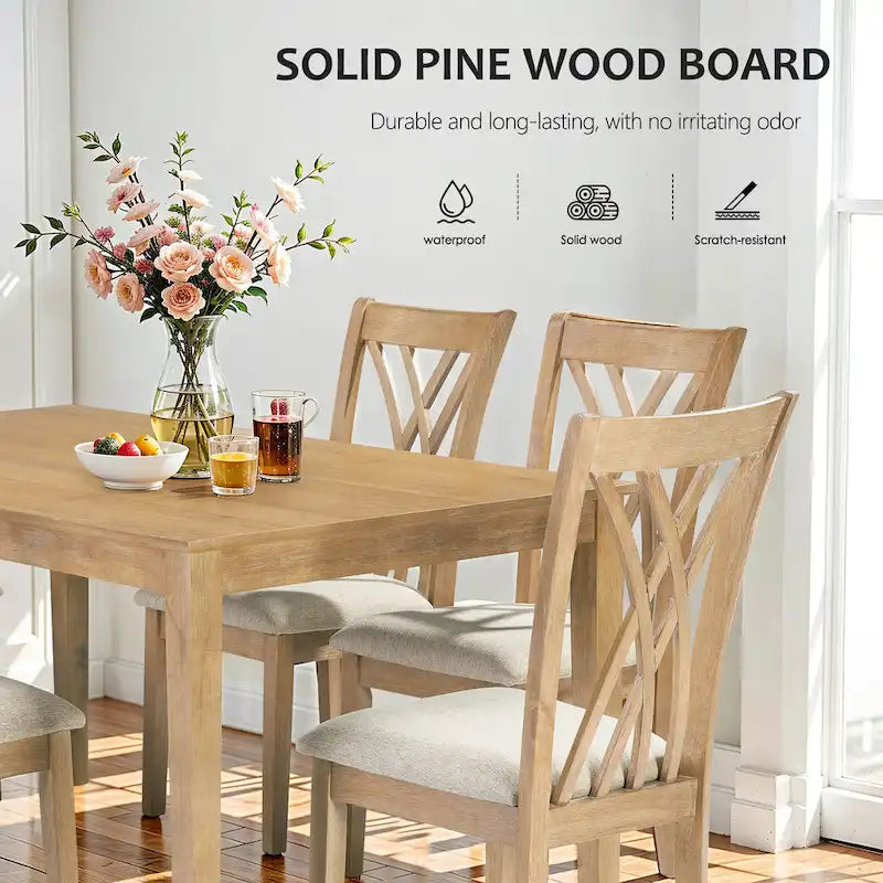Wooden Rectangle Dining Room Table Set of 5, Kitchen Set with Dining Table and 4 Cross Backrest Chairs for 4-6 Persons