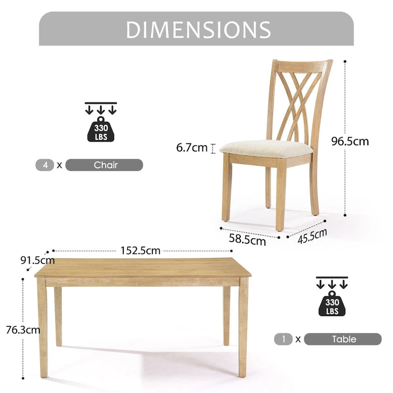 Wooden Rectangle Dining Room Table Set of 5, Kitchen Set with Dining Table and 4 Cross Backrest Chairs for 4-6 Persons