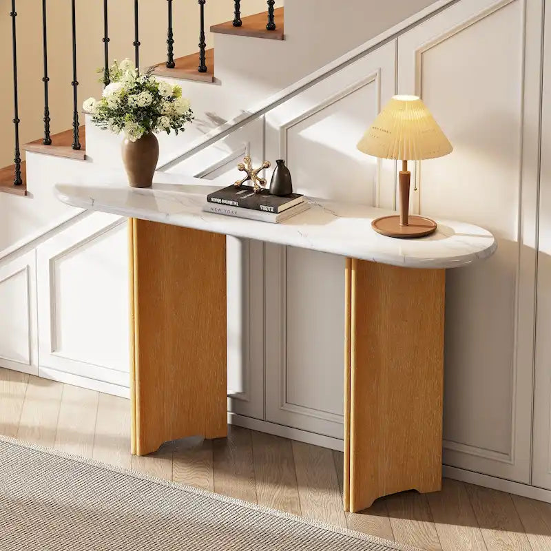 Oval Faux Marble Top Console Table Entryway Table, Narrow Sofa Table Hallway Accent Table with Triangular Base