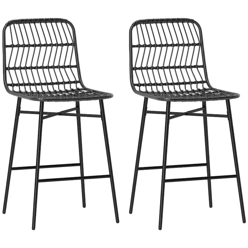 HOMCOM Rattan Counter Height Bar Stools Set of 2, 26 Wicker Barstools with Back, Modern Bar Chairs for Kitchen Island, Black