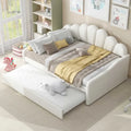 White Full Size Upholstery Daybed with Shall Shaped Backrest and Trundle for Bedroom