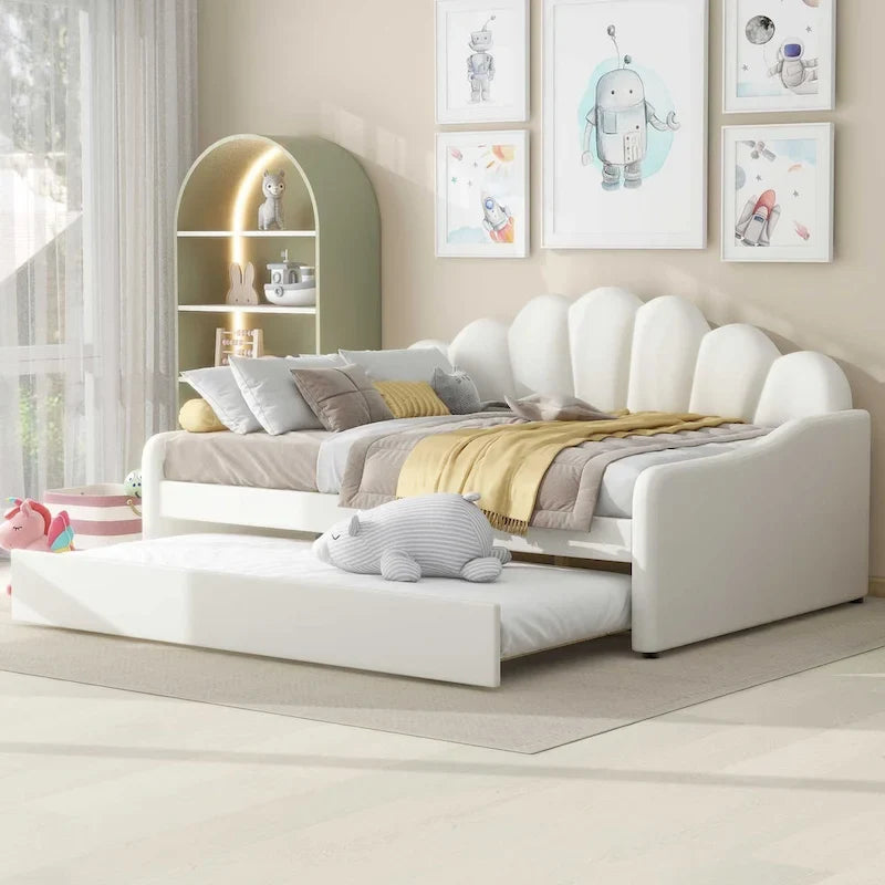 White Full Size Upholstery Daybed with Shall Shaped Backrest and Trundle for Bedroom