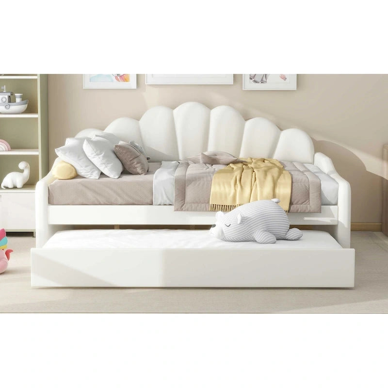 White Full Size Upholstery Daybed with Shall Shaped Backrest and Trundle for Bedroom