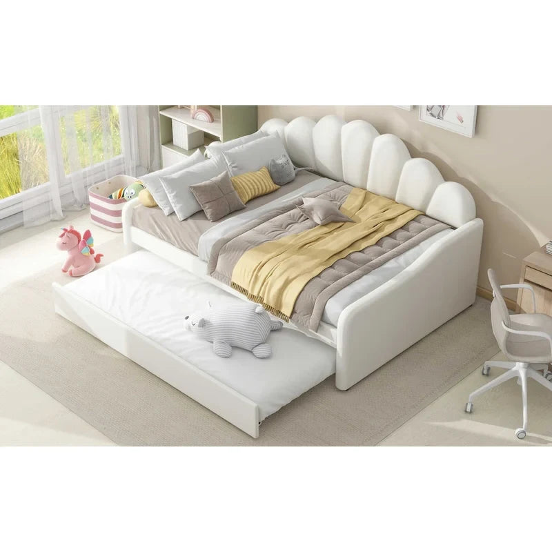 White Full Size Upholstery Daybed with Shall Shaped Backrest and Trundle for Bedroom