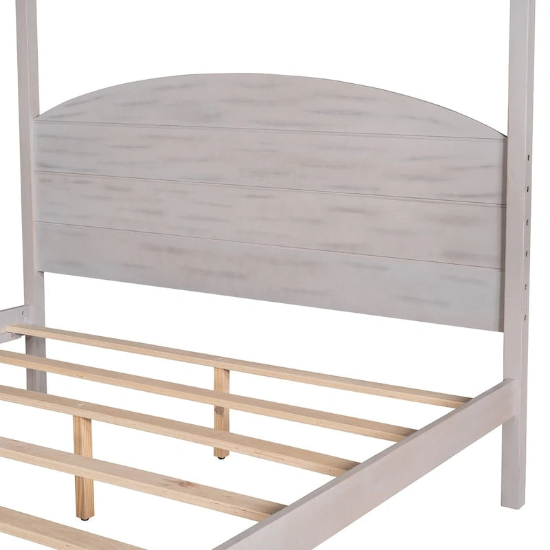 Pine Wood Canopy Platform Bed with Headboard, Support Legs, Wash Finish