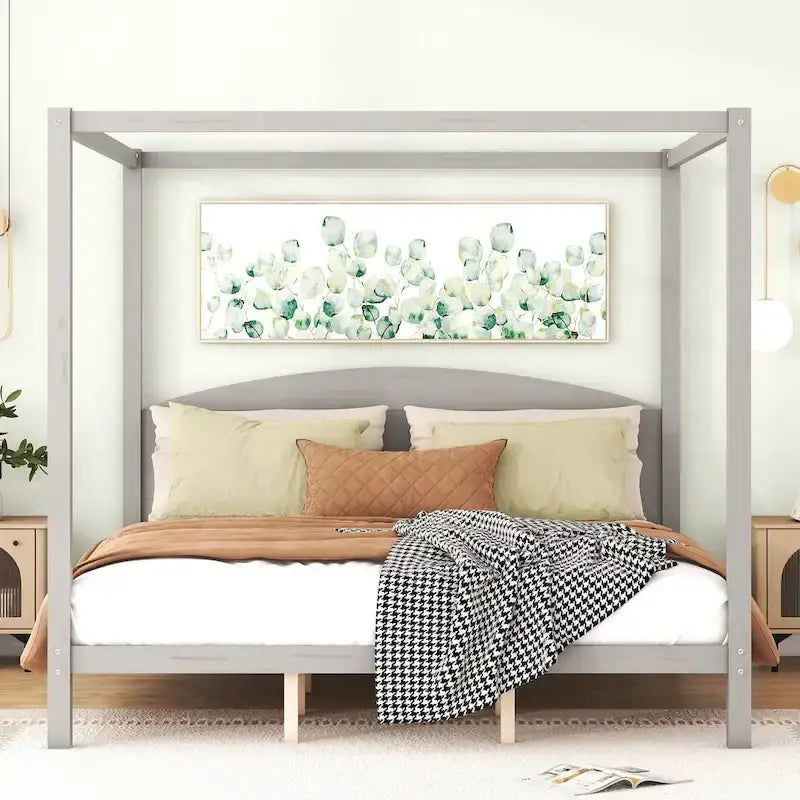 Pine Wood Canopy Platform Bed with Headboard, Support Legs, Wash Finish