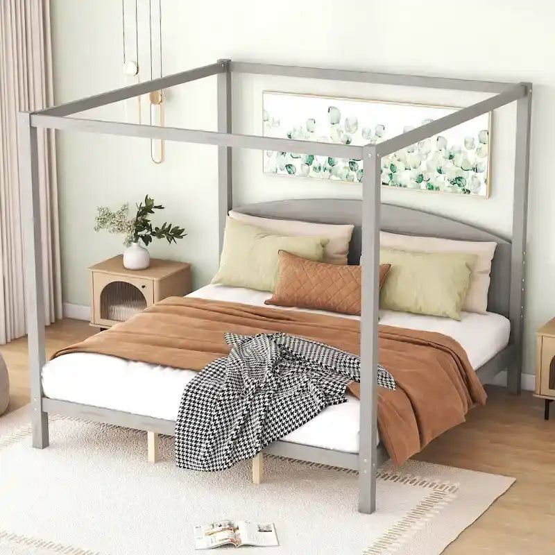 Pine Wood Canopy Platform Bed with Headboard, Support Legs, Wash Finish
