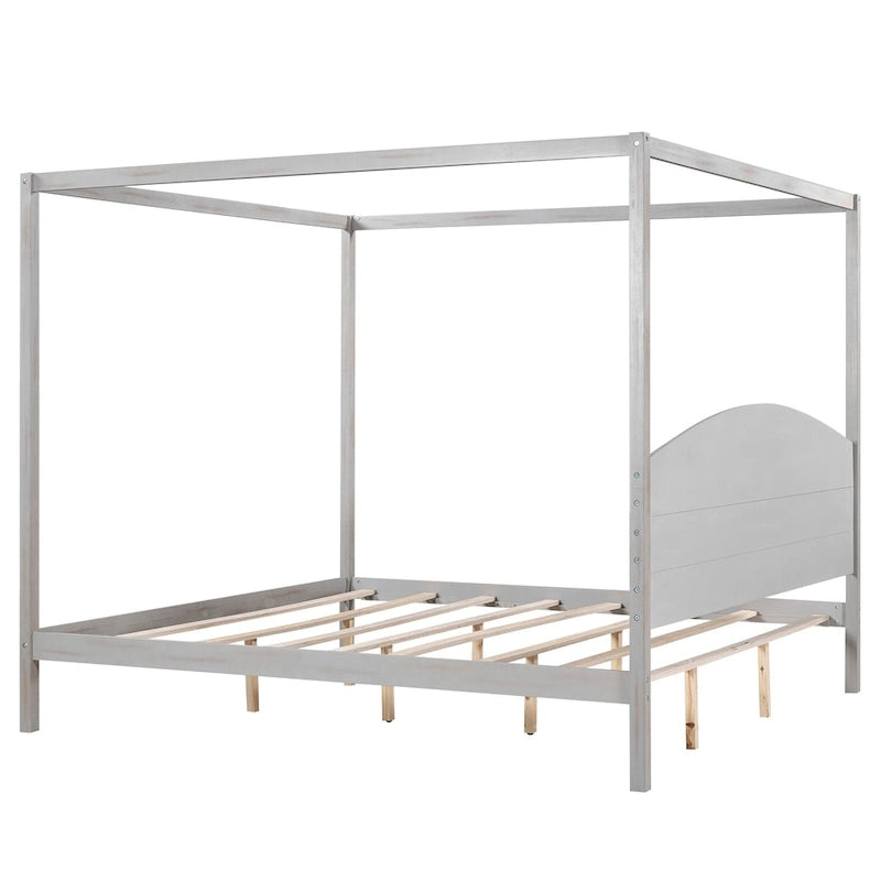 Pine Wood Canopy Platform Bed with Headboard, Support Legs, Wash Finish