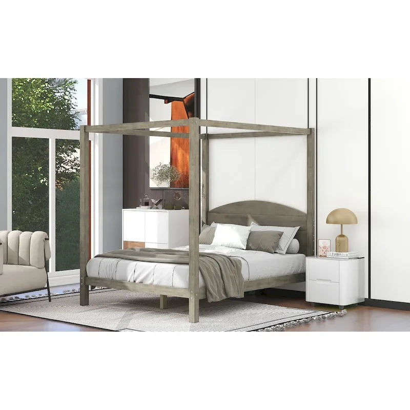 Pine Wood Canopy Platform Bed with Headboard, Support Legs, Wash Finish
