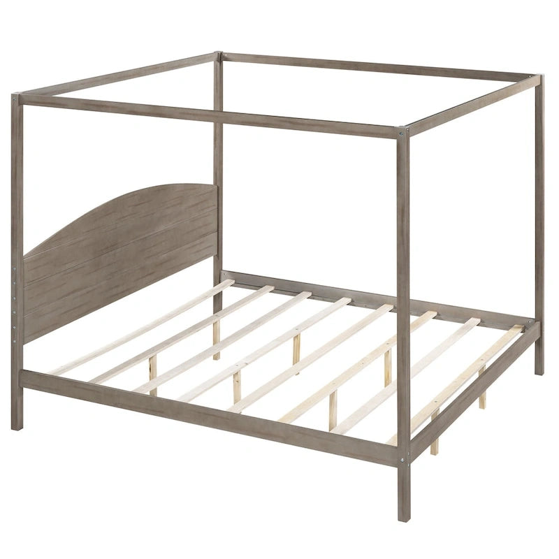 Pine Wood Canopy Platform Bed with Headboard, Support Legs, Wash Finish