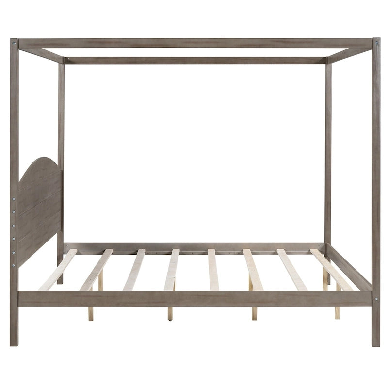 Pine Wood Canopy Platform Bed with Headboard, Support Legs, Wash Finish
