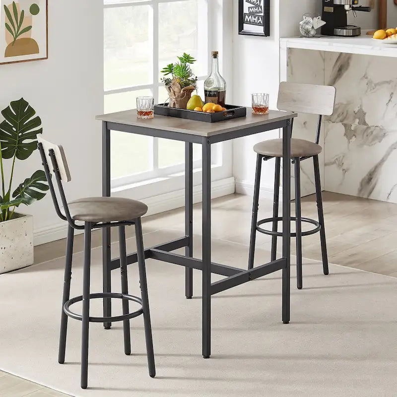 Mieres Industrial Style Rustic Farmhouse 3 Pieces Dining Table Set, Bar Table Set with 2 Bar Stools for Kitchen, Dining Room