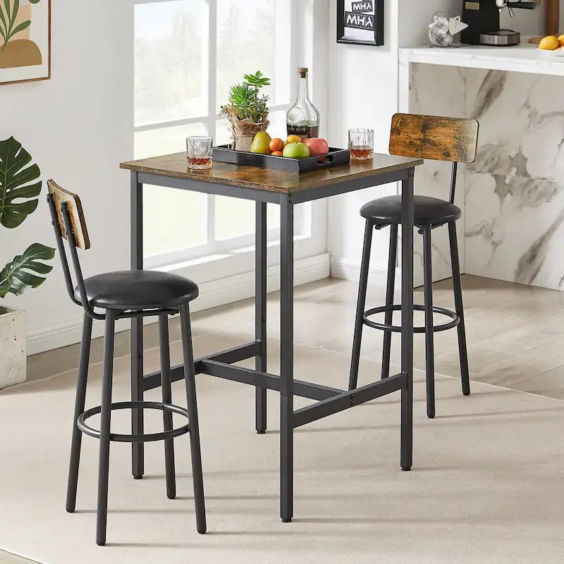 Mieres Industrial Style Rustic Farmhouse 3 Pieces Dining Table Set, Bar Table Set with 2 Bar Stools for Kitchen, Dining Room