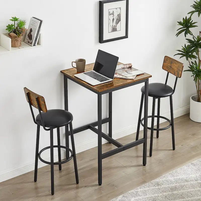 Mieres Industrial Style Rustic Farmhouse 3 Pieces Dining Table Set, Bar Table Set with 2 Bar Stools for Kitchen, Dining Room