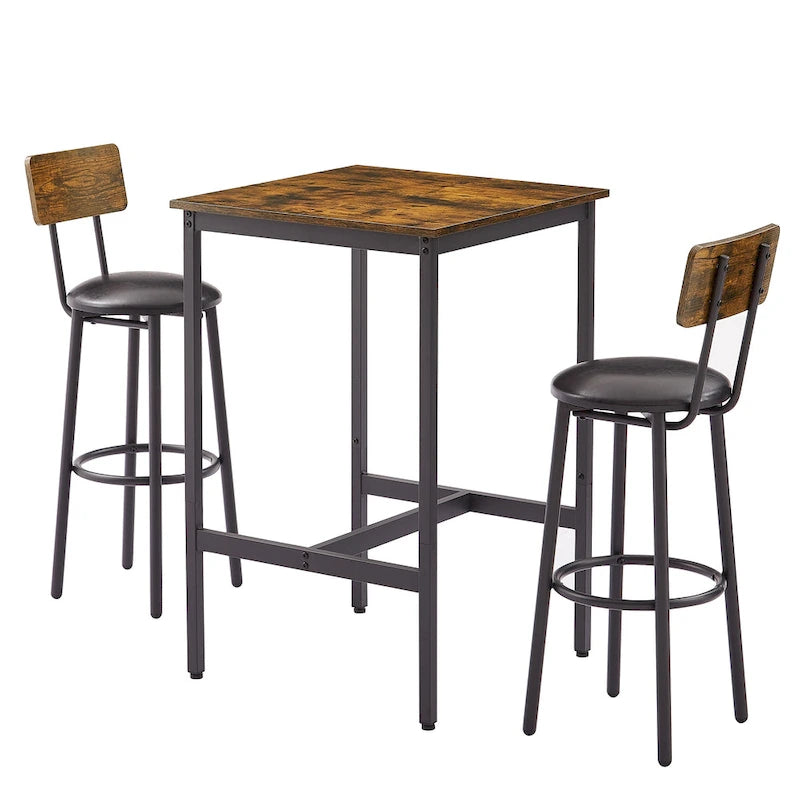 Mieres Industrial Style Rustic Farmhouse 3 Pieces Dining Table Set, Bar Table Set with 2 Bar Stools for Kitchen, Dining Room