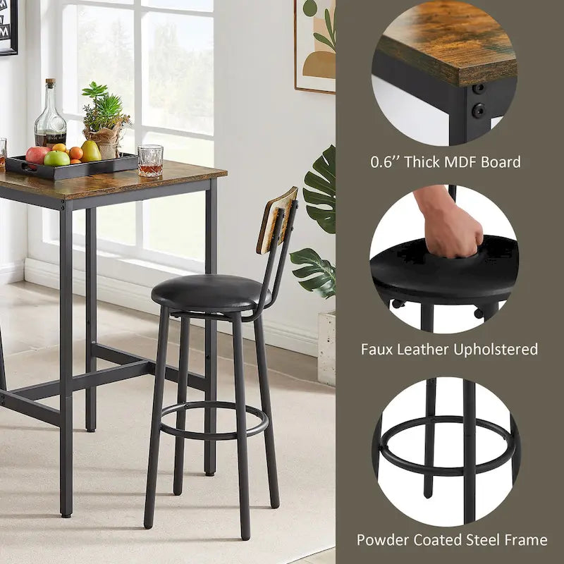 Mieres Industrial Style Rustic Farmhouse 3 Pieces Dining Table Set, Bar Table Set with 2 Bar Stools for Kitchen, Dining Room