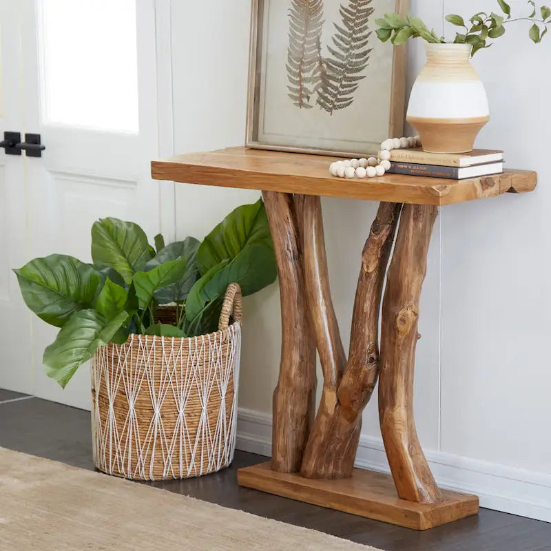 Teak Wood Small Live Edge Tree Trunk Console Table - Brown - Roche River Decor - 14W x 35L x 32H