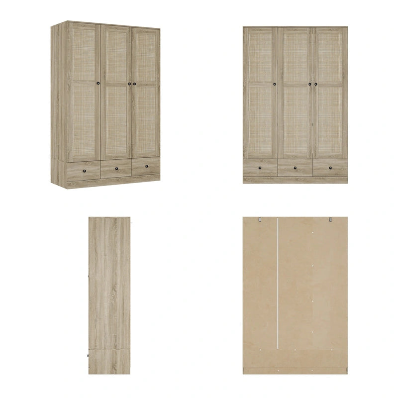 Natural Charm Wooden Armoire - Breathable Rattan Design Ample Storage