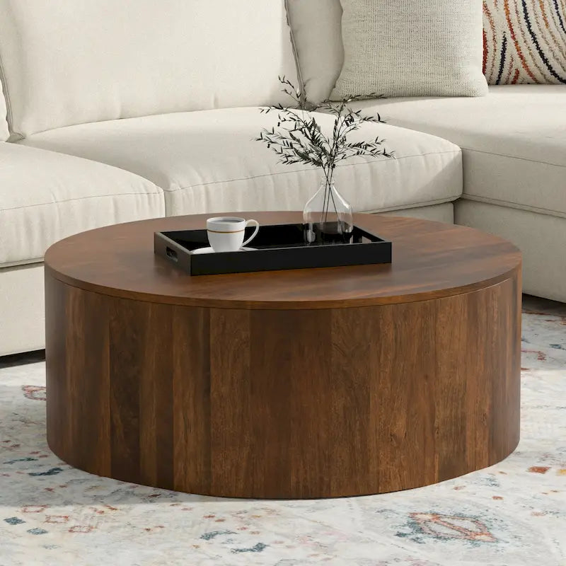 WYNDENHALL Hillmount SOLID MANGO WOOD 36 inch Wide Round Contemporary Drum Coffee Table & Fully Assembled - 36d x 36 w x 14h