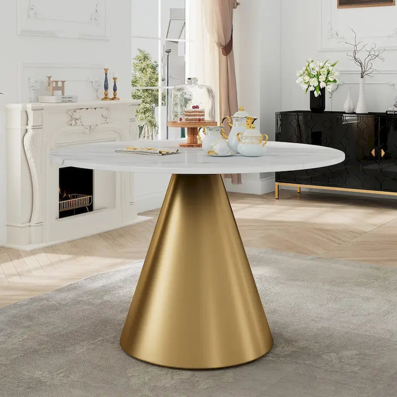 Clihome Round Marble Top Metal Dining Table