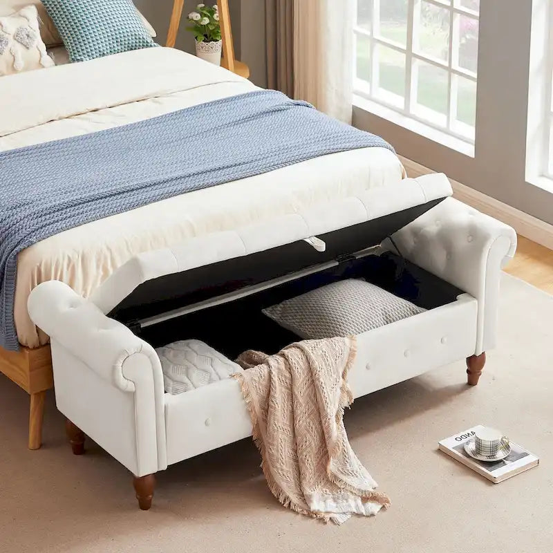 63 Upholstered Storage Bench, Button-Tufted Large Storage Ottoman Bench for Bedroom End of Bed, Rolled Armed Bench