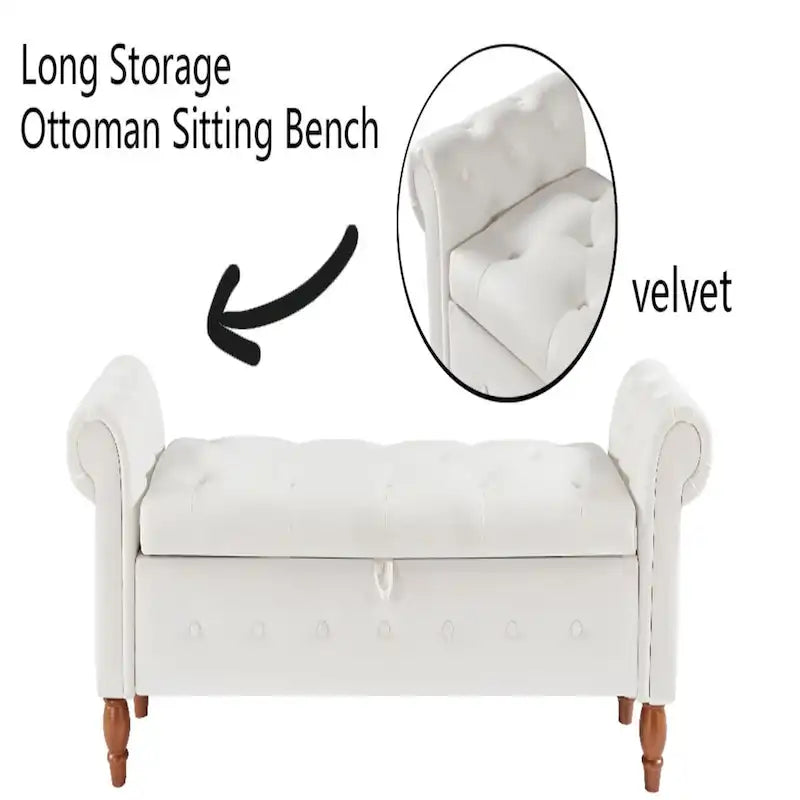 63 Upholstered Storage Bench, Button-Tufted Large Storage Ottoman Bench for Bedroom End of Bed, Rolled Armed Bench