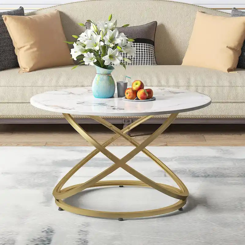 Myhozm Accent Round Glass/Stone Top Coffee Table with Metal Base