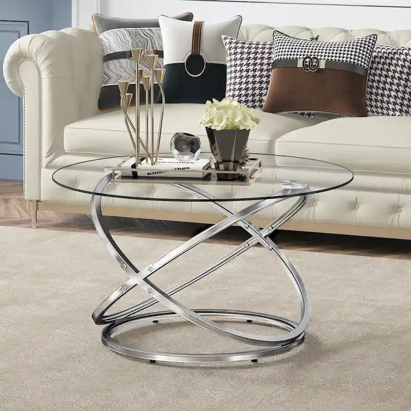 Myhozm Accent Round Glass/Stone Top Coffee Table with Metal Base