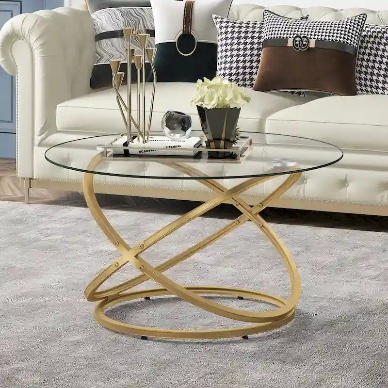 Myhozm Accent Round Glass/Stone Top Coffee Table with Metal Base
