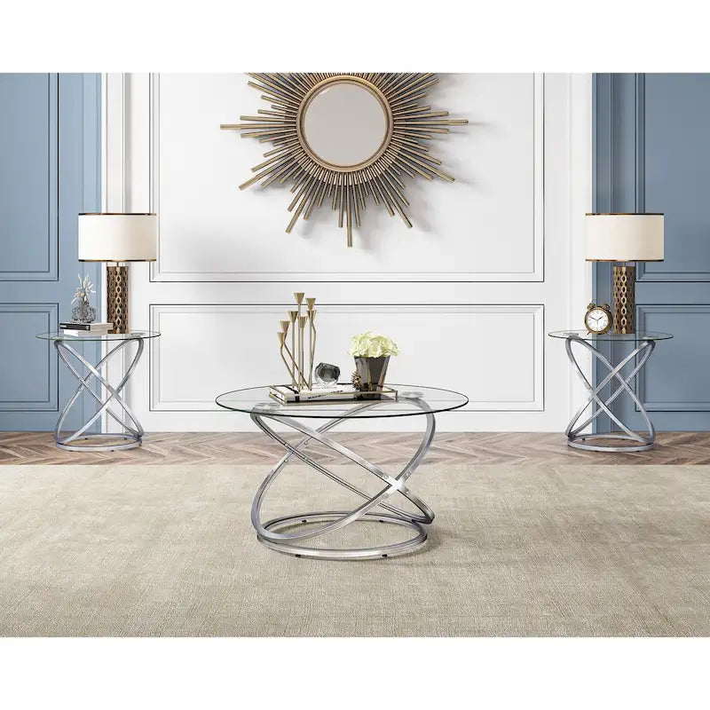 Myhozm Accent Round Glass/Stone Top Coffee Table with Metal Base