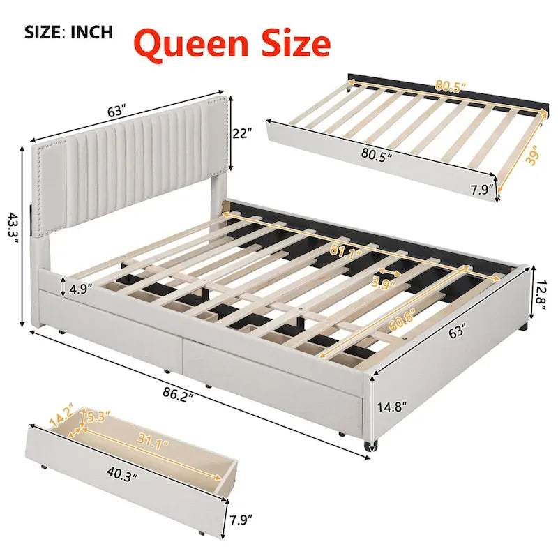 Upholstered Platform Bed with 2 Drawers and 1 Twin XL Trundle